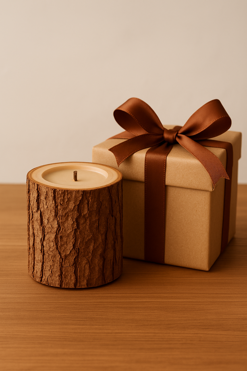 Cadeau avec bougie en bois éteinte
